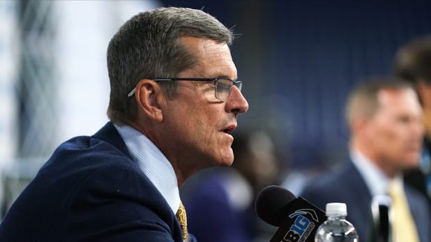 Michigan coach Jim Harbaugh at Big Ten Media Days.